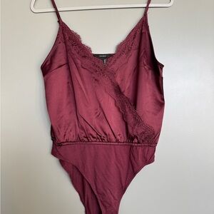 Burgundy Satin and Lace Trim Tank Top Bodysuit
